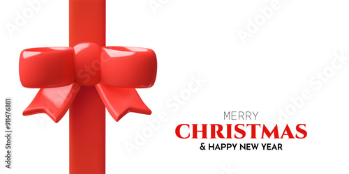 Red ribbon and a bow 3d vector Christmas banner design. Minimal holiday background with three dimensional realistic gift decoration. 