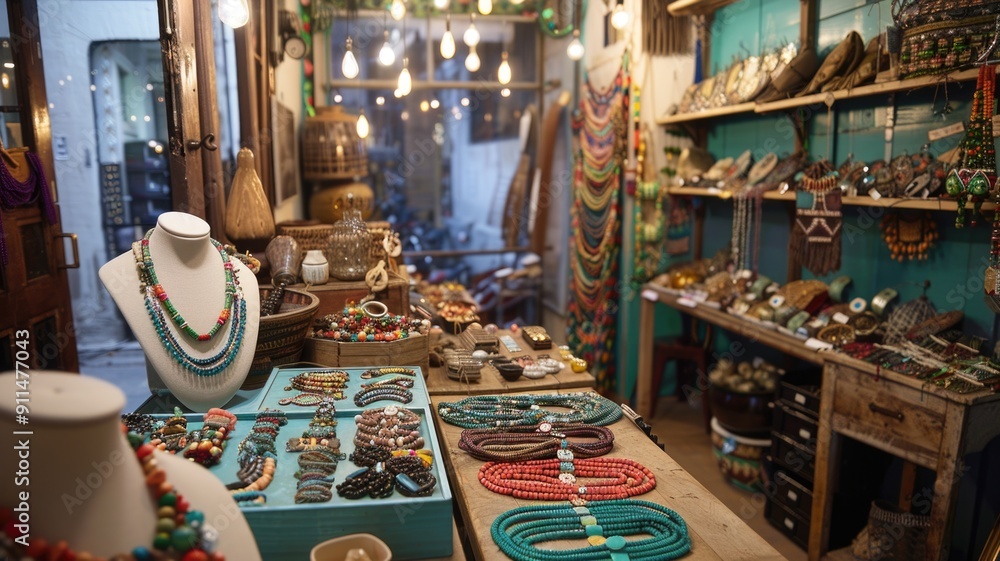 A collection of handcrafted jewelry displayed on a table under warm, A collection of handcrafted jewelry displayed on a table under warm,