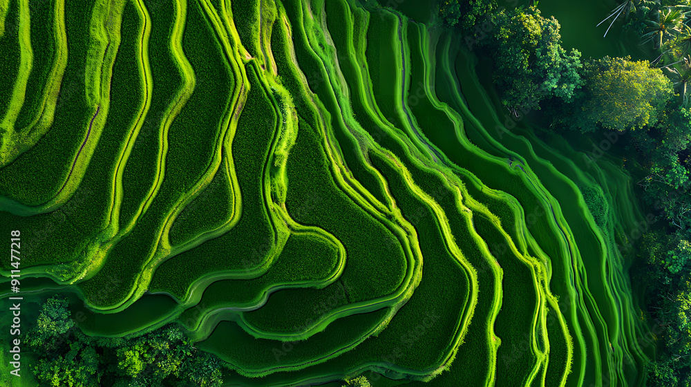 lush green rice terraces in bali captured by fpv drone, under a bright ...