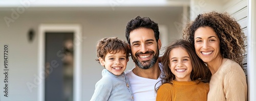 Happy family in front of their home, protected by property insurance coverage, property insurance, protected family