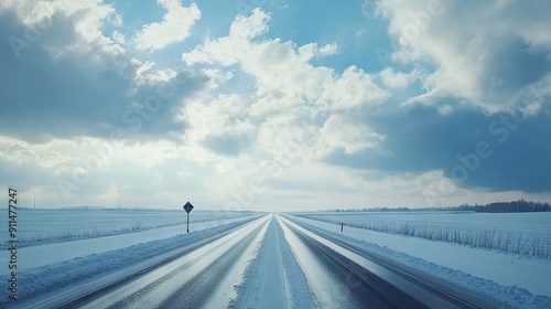 Straight highway cutting through a snowy landscape with dramatic clouds, perfect for car journey visuals. photo