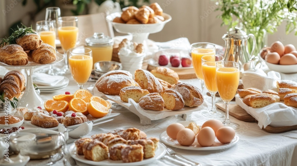Stylish breakfast in a city resort: table full of fresh bakery goods, glasses of orange juice, eggs, and gourmet plates. Stylish breakfast in a city resort: table full of fresh bakery goods, glasses of orange juice, eggs, and gourmet plates.