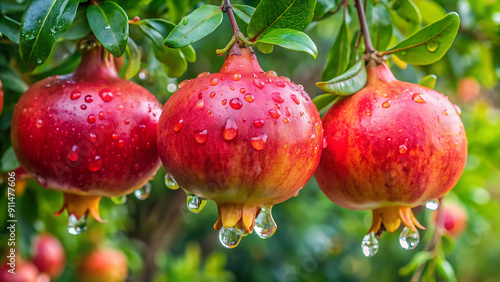"Fresh Pomegranates with Dew: Captivating Image of Water-Drenched Fruits on Tree" generative ai
