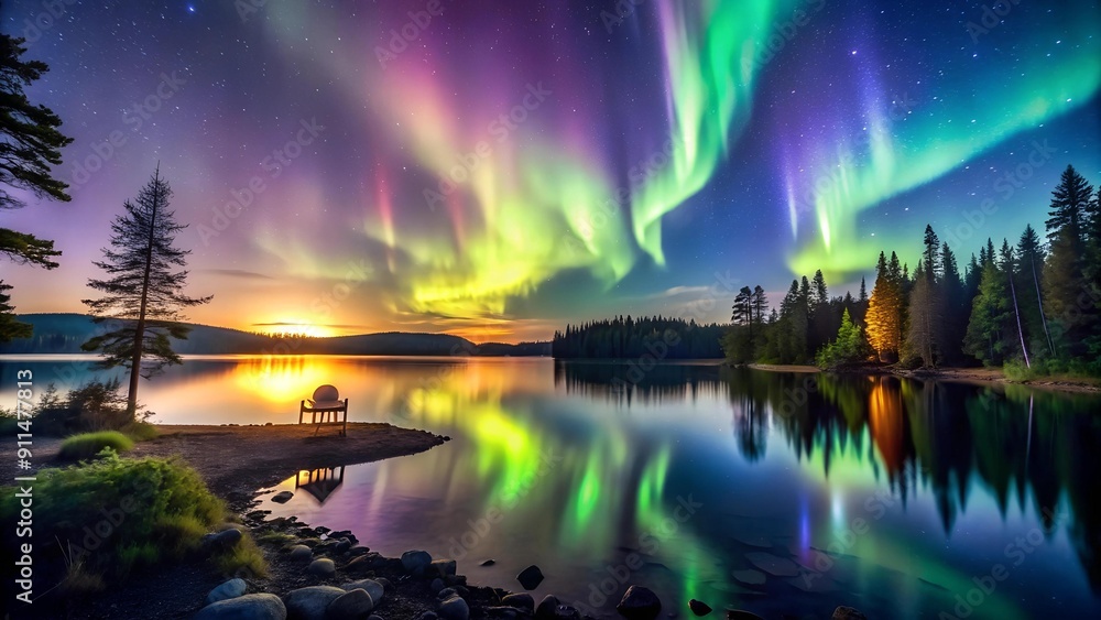 Celestial Canvas: A Symphony of Aurora Borealis over a Tranquil Lake AI generated Celestial Canvas: A Symphony of Aurora Borealis over a Tranquil Lake AI generated