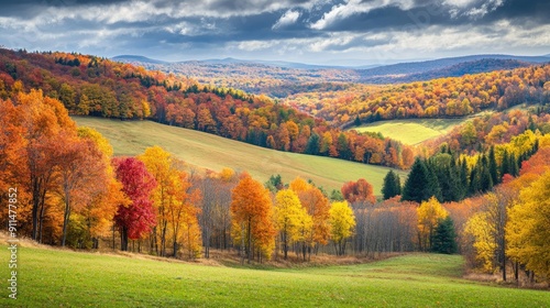 Autumn panorama with vivid fall colors in the trees and rolling hills in the background