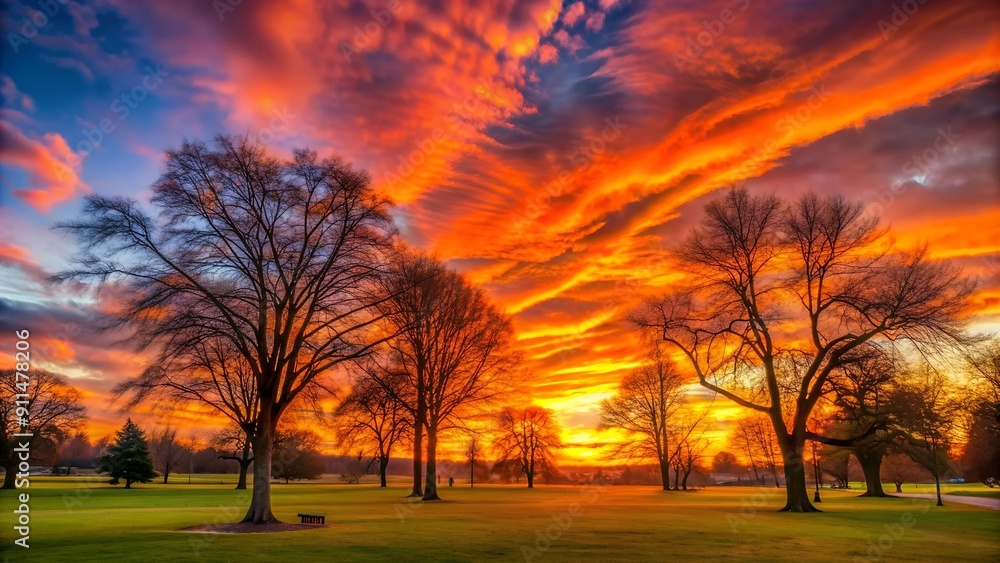 Naklejka premium Serene Sunset Symphony: A Park Embracing the Golden Hour Generative AI