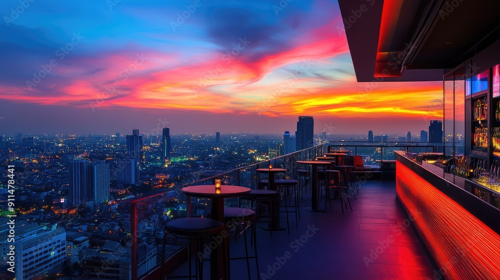 Sunset view of Bangkok cityscape from a rooftop bar, highlighting Lumpini area with colorful sky and city lights. Sunset view of Bangkok cityscape from a rooftop bar, highlighting Lumpini area with colorful sky and city lights.