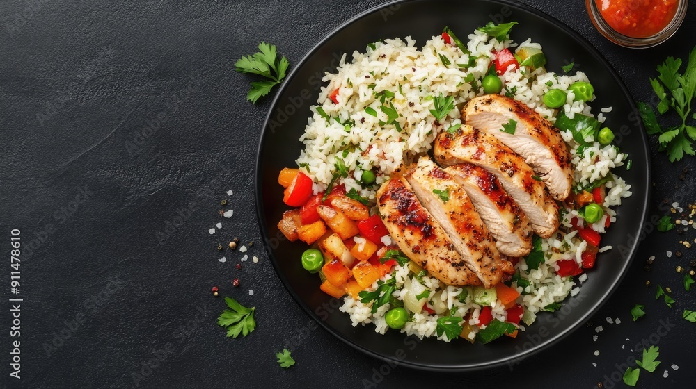 Top view of a black plate featuring baked chicken fillet with rice and vegetables, free space for text. Top view of a black plate featuring baked chicken fillet with rice and vegetables, free space for text.