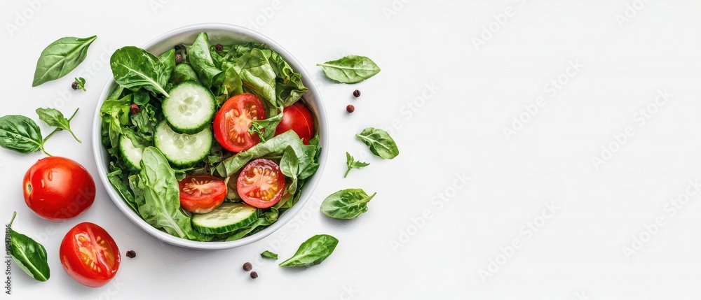 Minimal light water color illustration of a fresh salad bowl with leafy greens Minimal light water color illustration of a fresh salad bowl with leafy greens