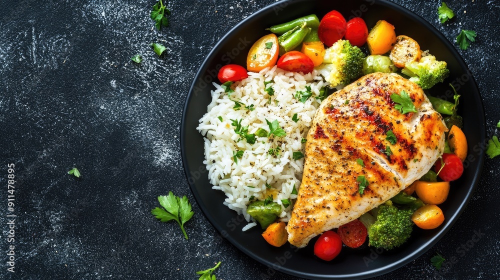 Top view of a black plate featuring baked chicken fillet, rice, and vegetables, free space for copy. Top view of a black plate featuring baked chicken fillet, rice, and vegetables, free space for copy.