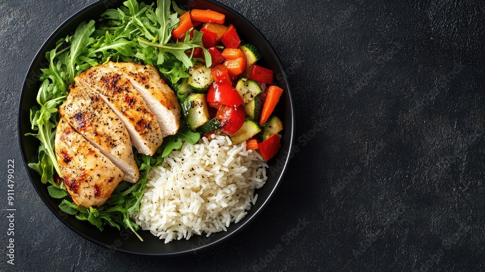 Top view of a black plate showcasing baked chicken fillet, rice, and veggies, with room for text. Top view of a black plate showcasing baked chicken fillet, rice, and veggies, with room for text.