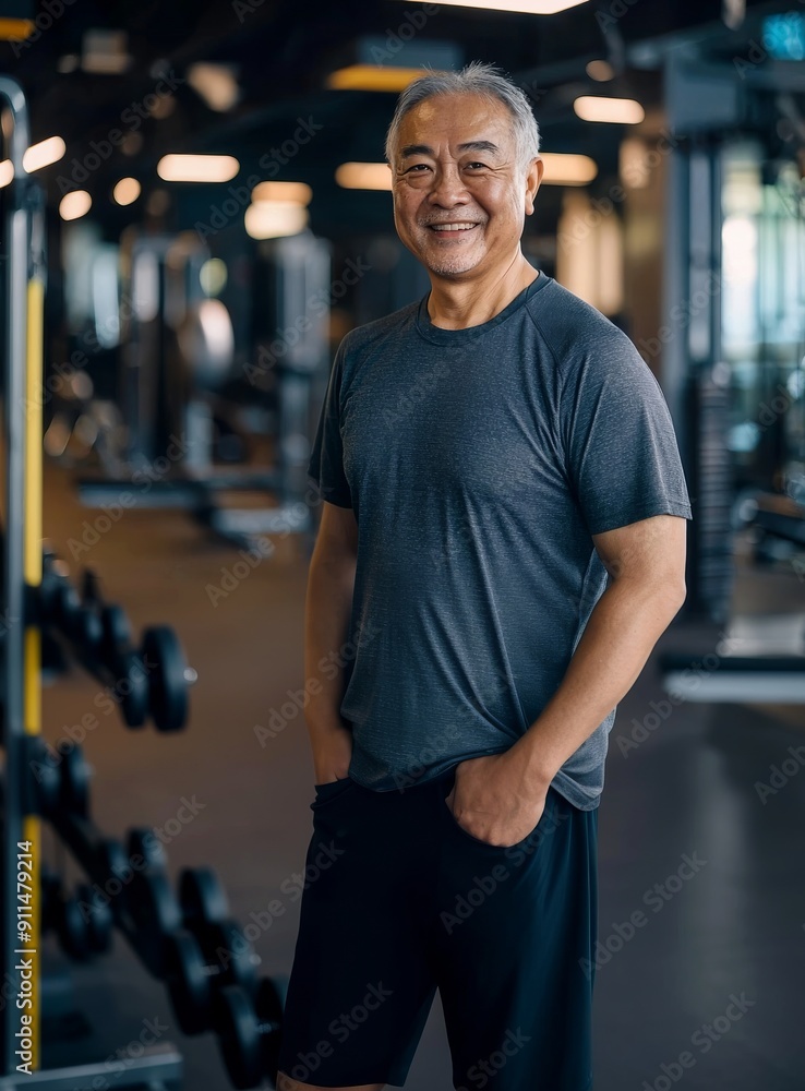 Elderly Asian male with gray hair standing and smile. gym background. Happy mood, healthy and wellness concept Elderly Asian male with gray hair standing and smile. gym background. Happy mood, healthy and wellness concept