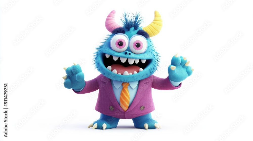 A blue monster with a yellow horn and pink eyes is wearing a suit and tie A blue monster with a yellow horn and pink eyes is wearing a suit and tie