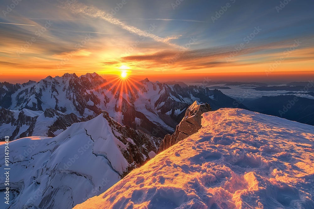 Breathtaking Sunrise over Snowy Mountain Peaks