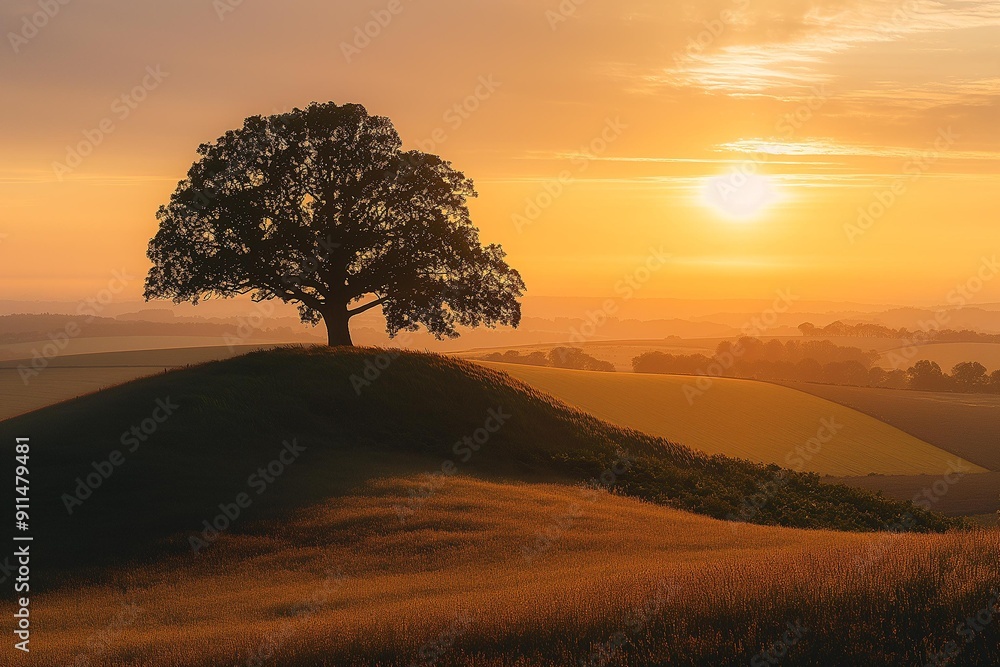 Captivating Sunset Landscape with Solitary Tree on Rolling Hills