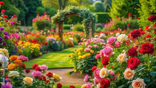 Fototapeta Naklejka Na Ścianę i Meble -  Beautiful rose garden with vibrant colors of various roses, flowers, garden, roses, colorful, nature, petals, blooming