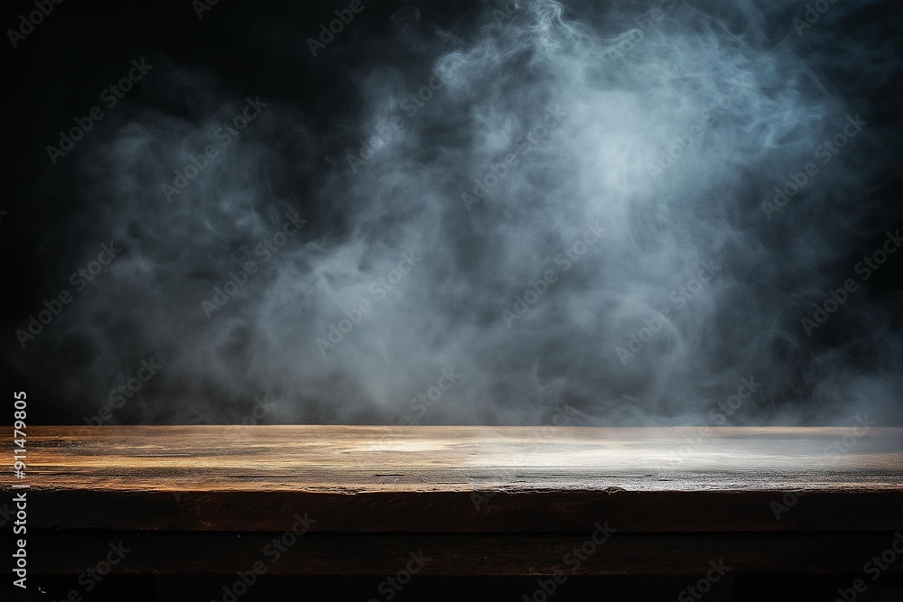 Mysterious and Ethereal Atmosphere Created by Swirling Fog on a Wooden Surface