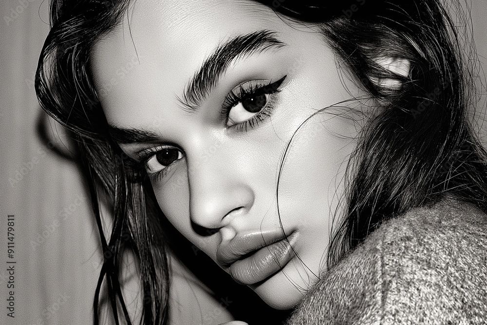 Close-Up Portrait of a Woman in Black and White