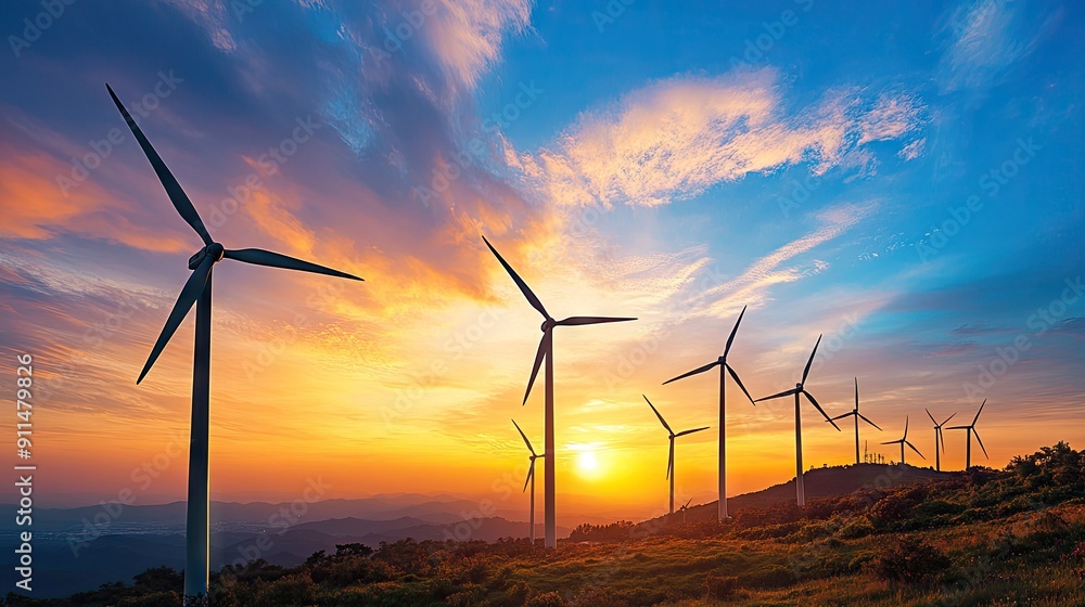Turbines at a wind power plant silhouetted against a sunset sky, promoting eco-friendly energy. Turbines at a wind power plant silhouetted against a sunset sky, promoting eco-friendly energy.