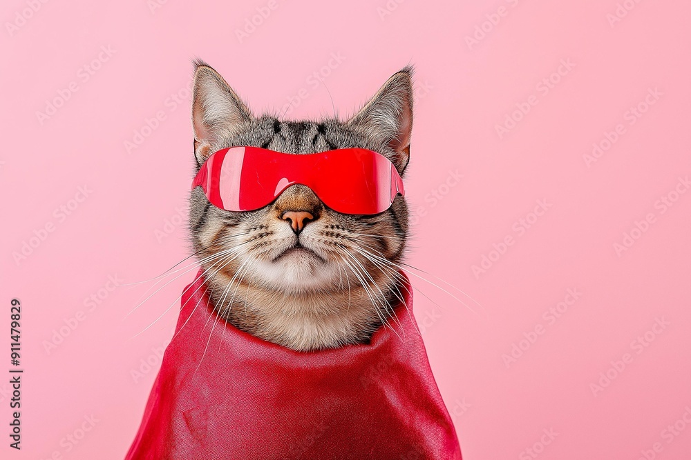 Superhero Cat in Stylish Red Cape and Sunglasses