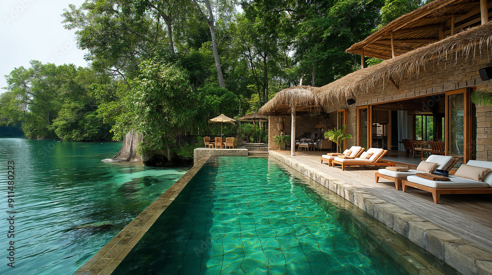 Luxury poolside paradise with palm trees and sun loungers Luxury poolside paradise with palm trees and sun loungers