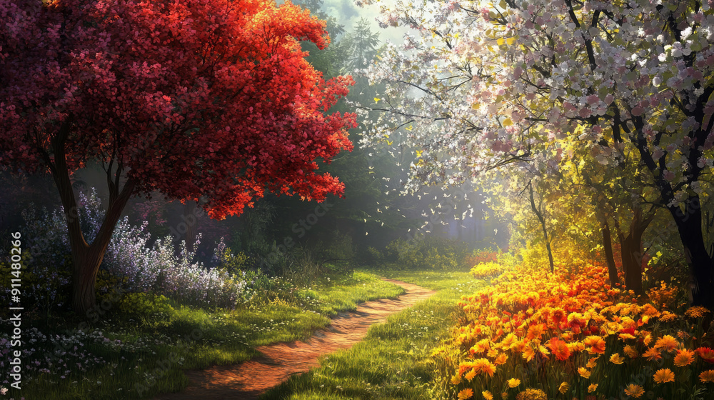Depict the changing seasons through plants and flowers, showing the vibrant blooms of spring, the lush growth of summer, the rich colors of autumn, and the stark beauty of winter landscapes.