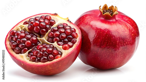 "Fresh Ripe Pomegranate Halves: Vibrant and Juicy on White Background"  generative ai