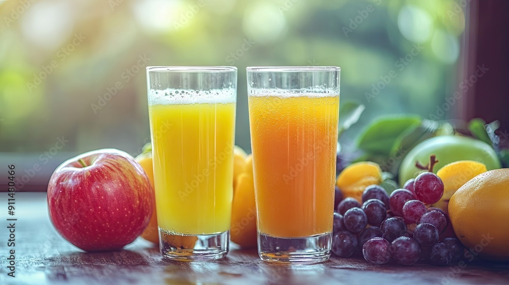 Two refreshing drinks of apple and multivitamin juices, with fresh ripe fruits beautifully arranged around them. Two refreshing drinks of apple and multivitamin juices, with fresh ripe fruits beautifully arranged around them.