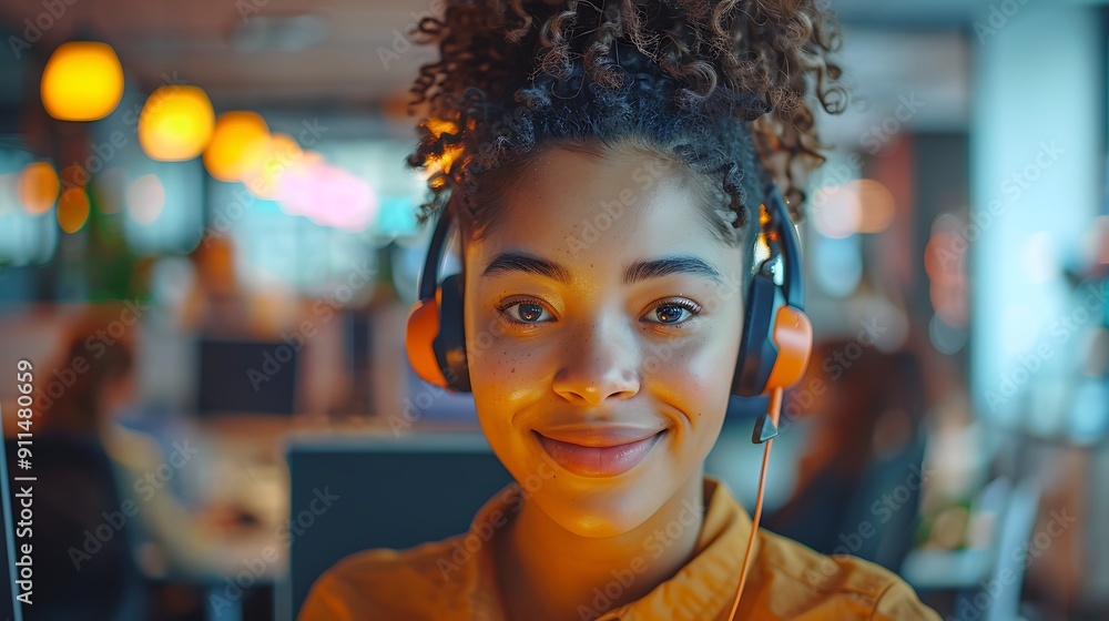 A customer service agent, using a virtual assistant platform to help a customer, in a brightly lit office. The background shows colleagues working at desks, enhancing a collaborative feel. A customer service agent, using a virtual assistant platform to help a customer, in a brightly lit office. The background shows colleagues working at desks, enhancing a collaborative feel.