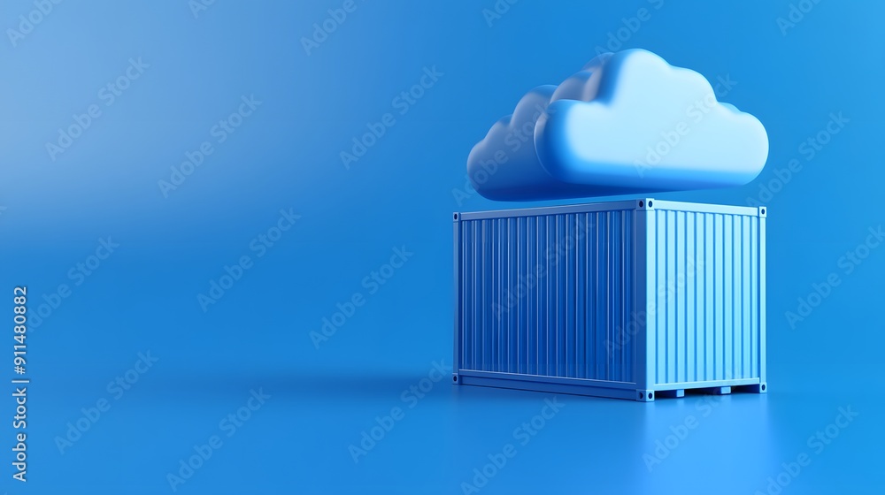 Cloud storage concept with blue shipping container and cloud icon on blue background, symbolizing digital data storage and network infrastructure. Cloud storage concept with blue shipping container and cloud icon on blue background, symbolizing digital data storage and network infrastructure.