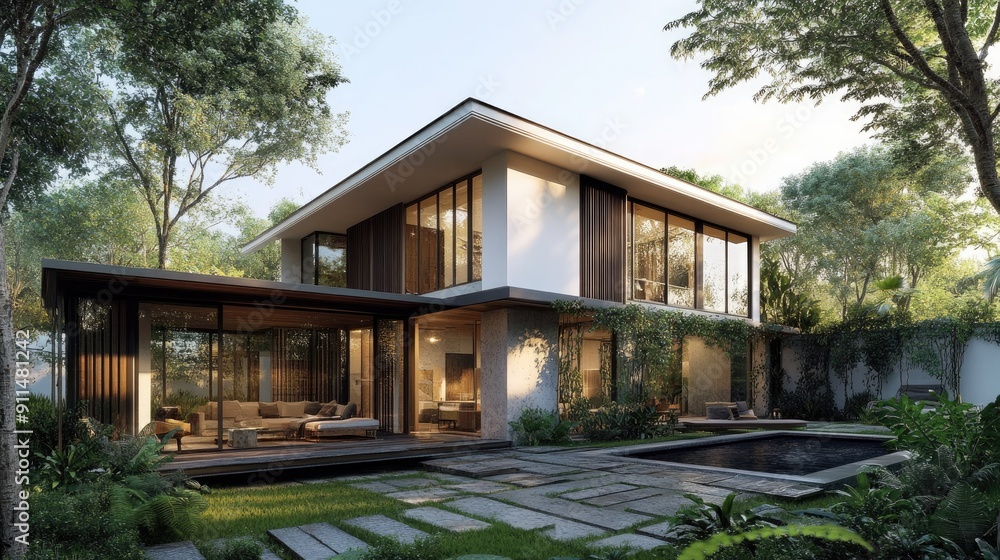Villa with a stylish exterior and open-plan living spaces, perfect for architectural inspiration. --ar 16:9 Villa with a stylish exterior and open-plan living spaces, perfect for architectural inspiration. --ar 16:9