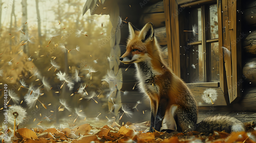 Fototapeta premium A small fox sits on the ground. surrounded by fluttering snow-white dandelion seeds in front of an ancient house with eaves and windows 