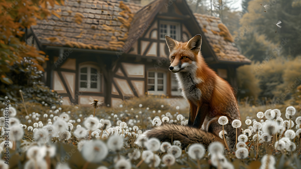 Fototapeta premium A small fox sits on the ground. surrounded by fluttering snow-white dandelion seeds in front of an ancient house with eaves and windows