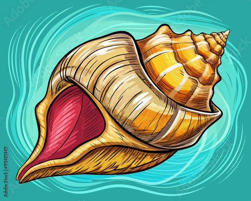 seashell cartoon vector illustration of seashell, blue isolated background, under sea planet