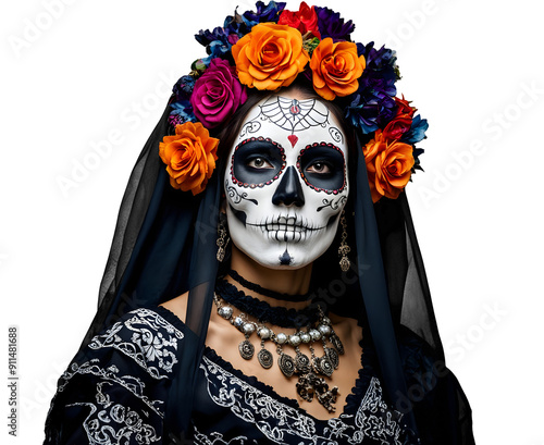 Retrato de una mujer con maquillaje de Catrina, símbolo del Día de los Muertos, decorada con una corona de flores coloridas. Aislado sobre fondo blanco o transparente.