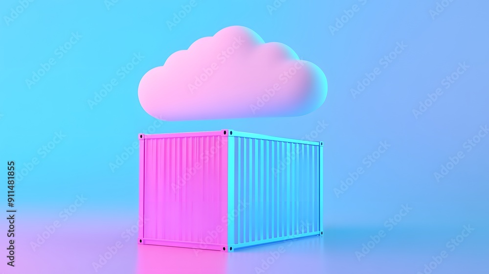 Colorful 3D illustration of a cloud hovering above a shipping container, symbolizing cloud computing and data storage. Colorful 3D illustration of a cloud hovering above a shipping container, symbolizing cloud computing and data storage.
