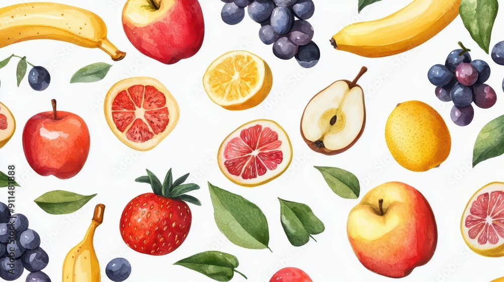 Set of watercolor illustrations featuring a variety of colorful fruits such as apples Set of watercolor illustrations featuring a variety of colorful fruits such as apples