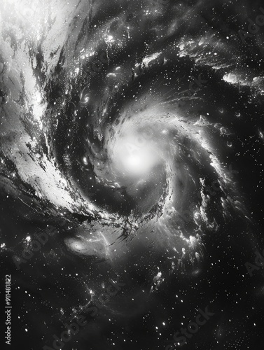 A beautiful black and white photo of a spiral galaxy, perfect for astronomy or science-themed projects