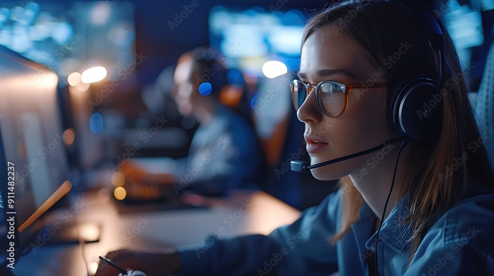 A customer service agent, wearing a headset, intensely focused on solving a customer's issue on the computer, in a modern office with bright lighting. The background shows desks and computers, A customer service agent, wearing a headset, intensely focused on solving a customer's issue on the computer, in a modern office with bright lighting. The background shows desks and computers,