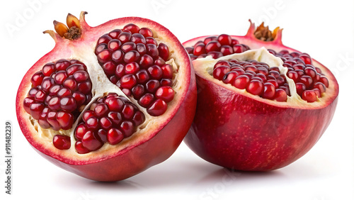 "Fresh Ripe Pomegranate Halves: Vibrant and Juicy on White Background"  generative ai