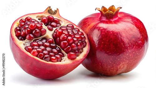 "Fresh Ripe Pomegranate Halves: Vibrant and Juicy on White Background" generative ai