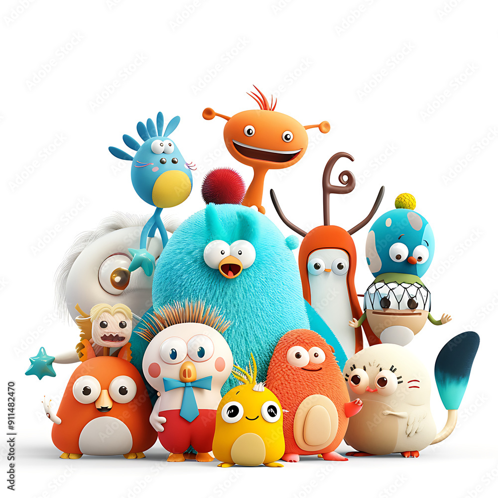 Group of cheerful 3D cartoon characters with vibrant colors interacting on a white background Group of cheerful 3D cartoon characters with vibrant colors interacting on a white background