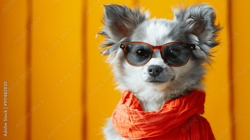 Cool dog wearing sunglasses and an orange scarf against a bright yellow background Cool dog wearing sunglasses and an orange scarf against a bright yellow background
