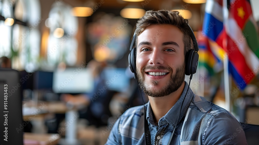 A customer service representative, smiling and wearing a headset, with flags of different countries on their desk, in a modern office. The background shows other agents and computers, A customer service representative, smiling and wearing a headset, with flags of different countries on their desk, in a modern office. The background shows other agents and computers,