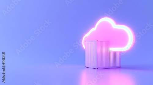 Concept of cloud computing and data storage with neon cloud icon above a container on a blue background, symbolizing digital technology.