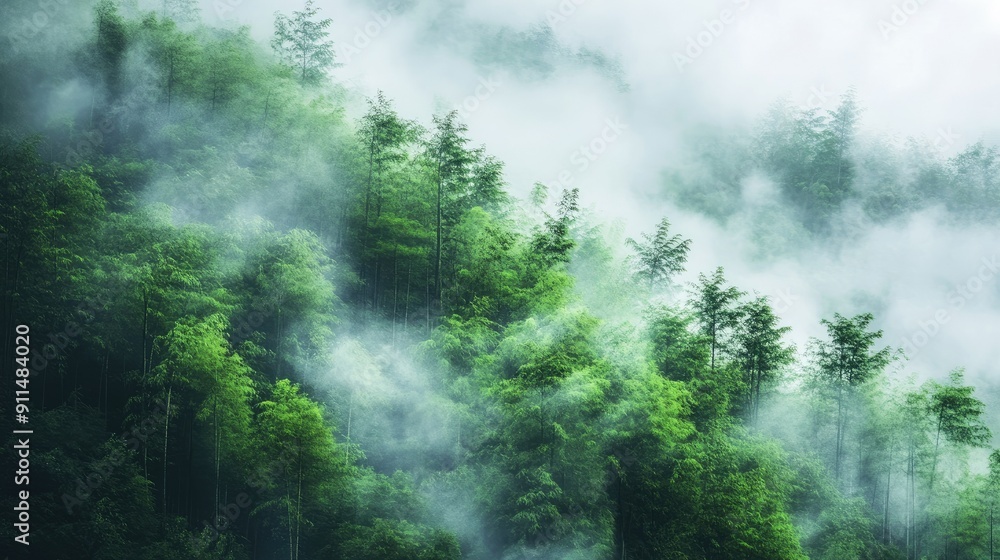 Dense bamboo forest in the mountains, enveloped in fog with vibrant green trees peeking through Dense bamboo forest in the mountains, enveloped in fog with vibrant green trees peeking through