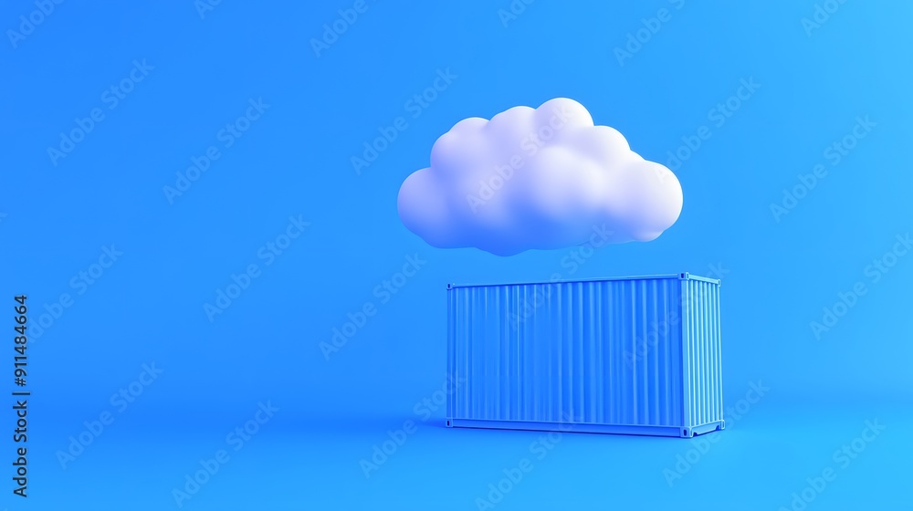 Creative cloud technology concept with a floating cloud above a container against a blue background, symbolizing data storage and transfer. Creative cloud technology concept with a floating cloud above a container against a blue background, symbolizing data storage and transfer.