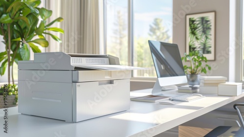 Office desk with secure healthcare document storage, including a lockbox for sensitive medical records.