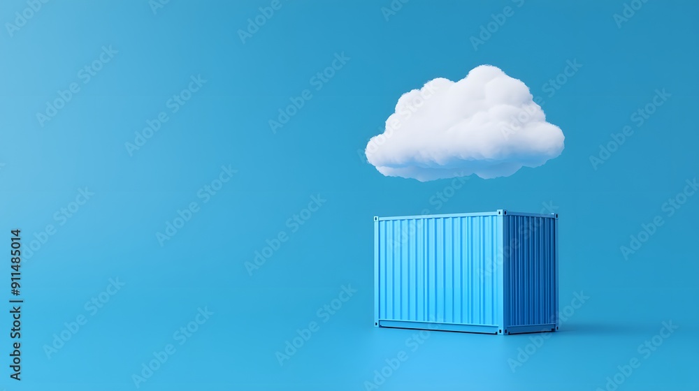 Creative image of a shipping container with a cloud above on a blue background, symbolizing cloud storage and technology. Creative image of a shipping container with a cloud above on a blue background, symbolizing cloud storage and technology.