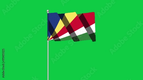 4K SEYCHELLES flag old animation with pole waving on chroma key green screen